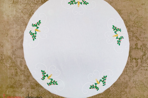 Khăn trải bàn tròn noel (180cm) gồm 8 khăn ăn - thêu nến giáng sinh vàng